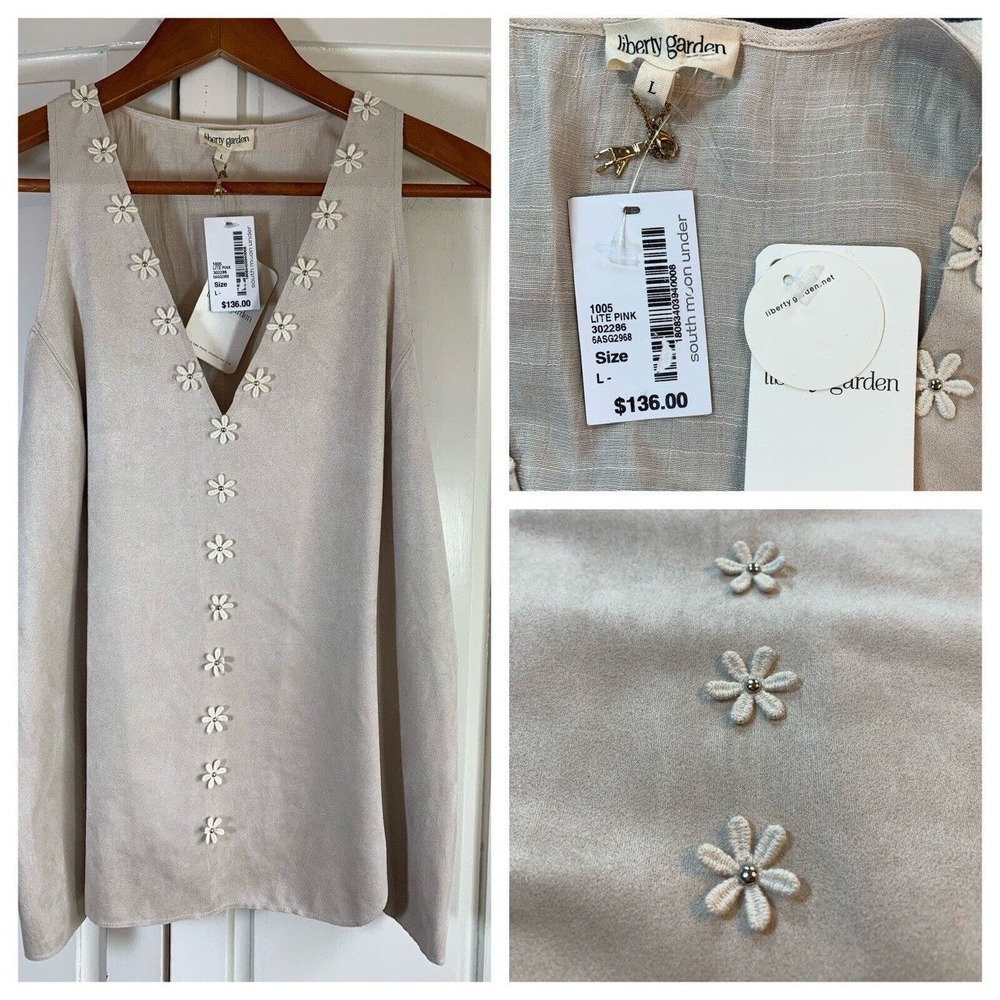 Liberty Garden Sleeveless Top Women Large Neutral Embellished Flowers Faux Suede